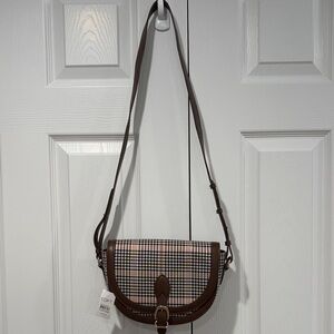 LOFT Plaid Saddle Crossbody Bag Brown Neutral New With Tags